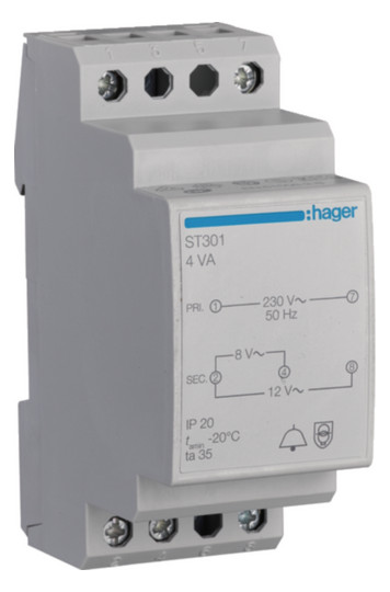 Hager ST301 Klingeltrafo 230V / 8V und 12V 4VA 2PLE Hager ST301 Klingeltrafo 230V / 8V und 12V 4VA 2PLE