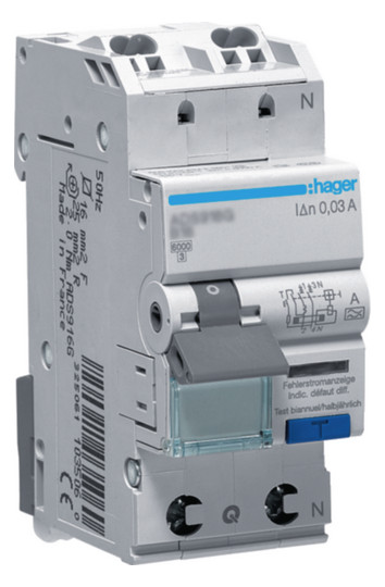 Hager ADS916D Fehlerstrom-Leitungsschutzschalter 1P+N 6kA B-16A 30mA Typ A QuickConnect
