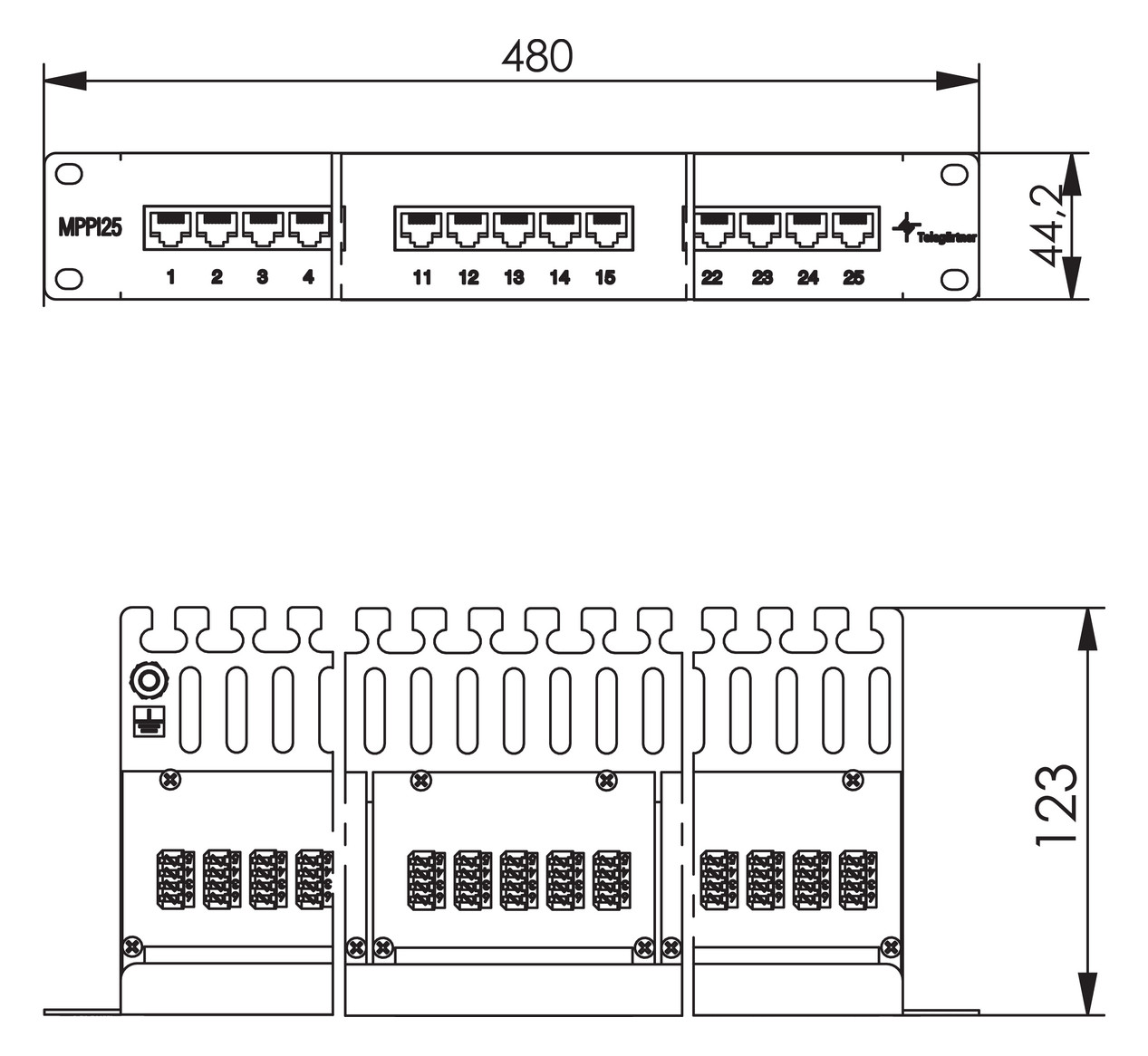 Telegärtner 100007031 19" Panel ISDN/TEL 1HE J02023L0014 kurz 25 Port MPPI25-H lichtgrau 