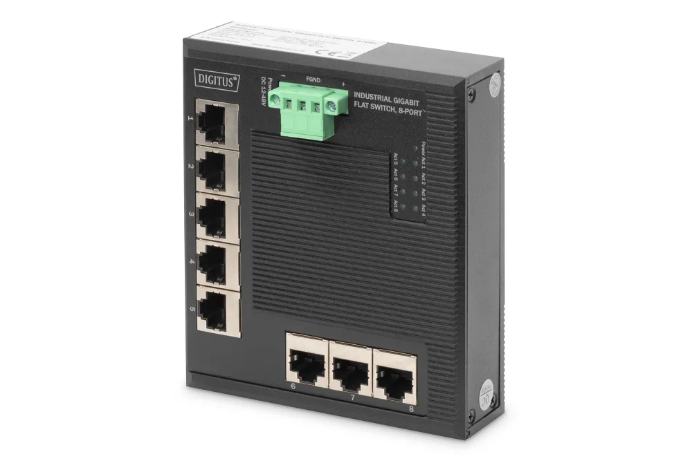 Digitus DN-651127 Industrieller 8-Port Gigabit Flat Switch DIN rail, erweiterter Temperaturbereich