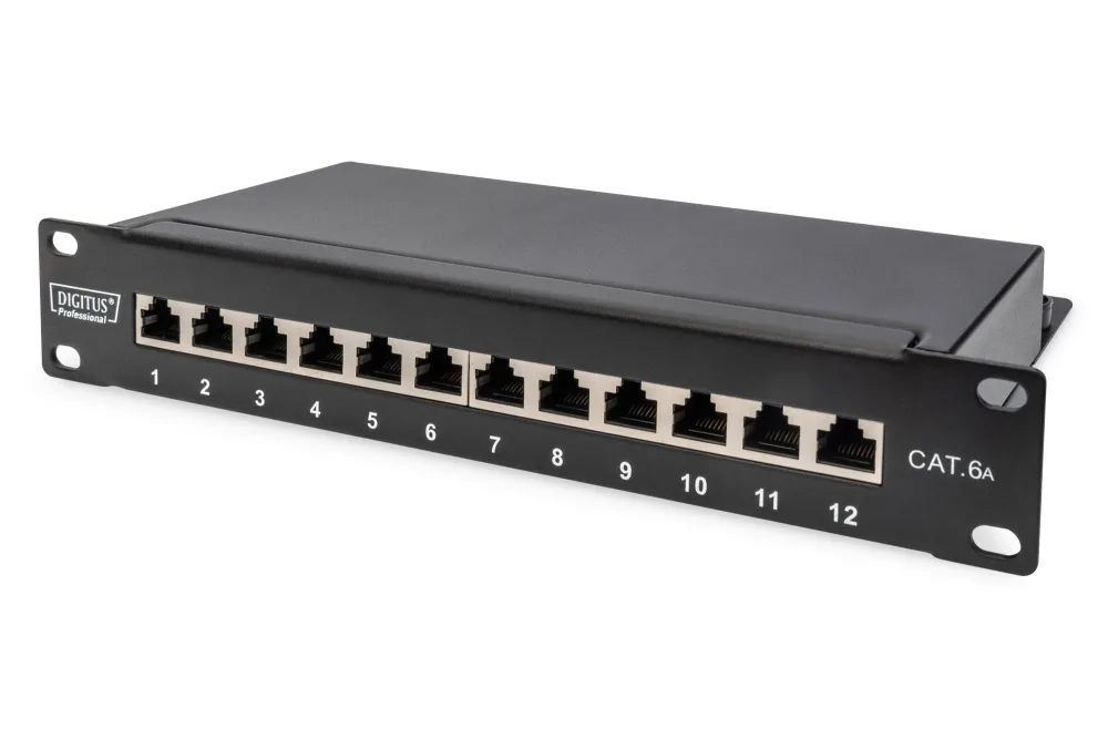 Digitus DN-91612S-EA CAT 6A Patch Panel, geschirmt,12-Port 1HE, 10", Rack Mount,schwarz RAL 9005