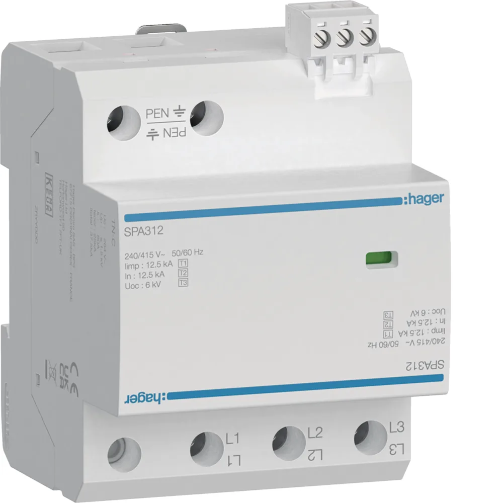 Hager SPA312 Kombiableiter Typ1+2+3 3P 12.5kA FM TN-C, Schutz vor Überspannung und Blitzstrom