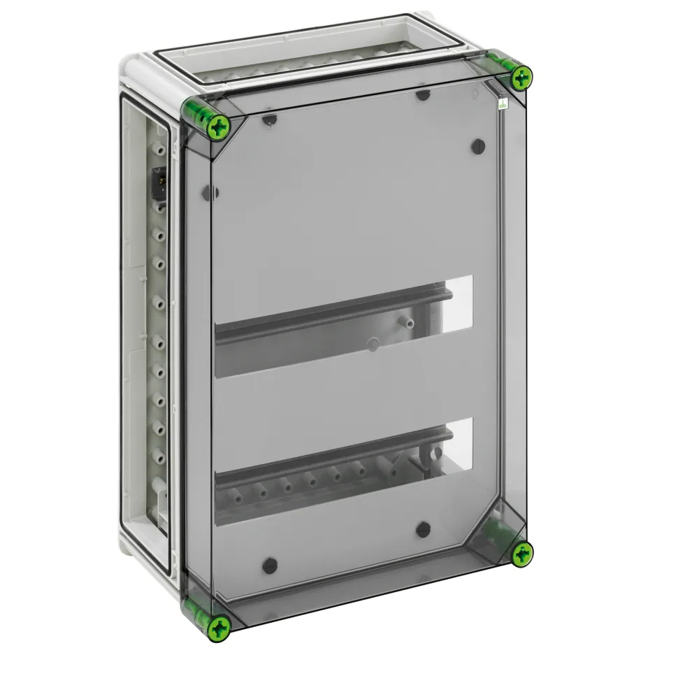 Spelsberg 01532801 Automatengehäuse Schutzart IP65 Schlagfestigkeit IK08 Schutzklasse II Ui 690V AC Bemessungsisolationsspannung 1000V DC halogenfrei transparent