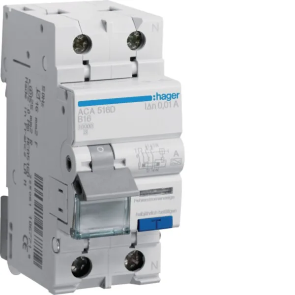 Hager ACA516D Fehlerstrom-Leitungsschutzschalter 1P+N 10kA B-16A 10mA Typ A