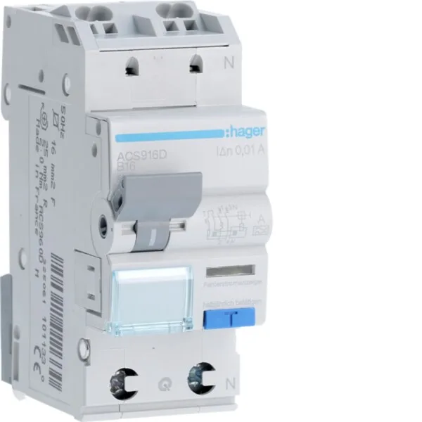 Hager ACS916D Fehlerstrom-Leitungsschutzschalter, FI/LS-Schalter, 1P+N 6kA B-16A 10mA Typ A