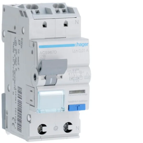 Hager ACS967D Fehlerstrom-Leitungsschutzschalter 1P+N 127V 6kA C-16A 10mA Typ A QuickConnect
