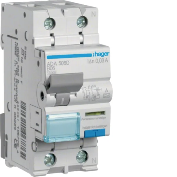 Hager ADA506D Fehlerstrom-Leitungsschutzschalter 1P+N 10kA B-6A 30mA Typ A