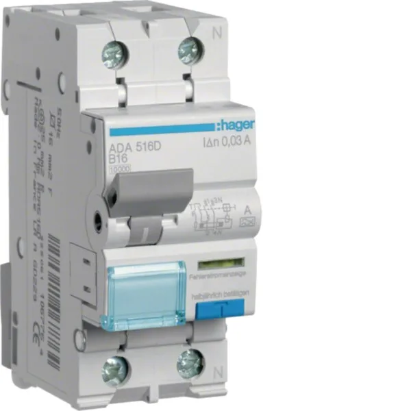 Hager ADA516D Fehlerstrom-Leitungsschutzschalter, FI/LS-Schalter, 1P+N 10kA B-16A 30mA Typ A