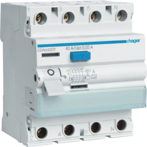 Hager CDA440DY Fehlerstromschutzschalter Typ A, 40 A, 30 mA, 4-polig, 6 kA, Testkreis L1-N