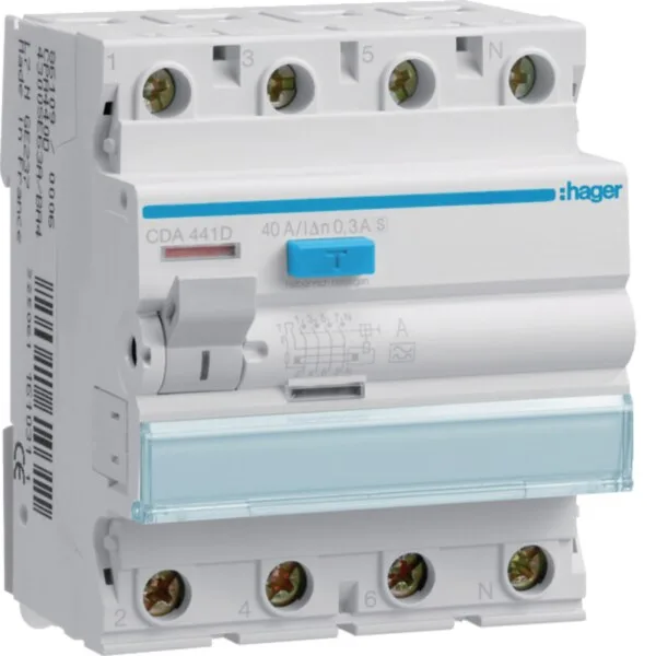 Hager CDA441D Fehlerstromschutzschalter 4 polig 6kA 40A 30mA Typ A 110V