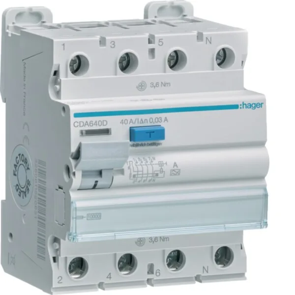 Hager CDA640D Fehlerstromschutzschalter / FI-Schalter, 4-polig, 10kA, 40A, 30mA, Typ A