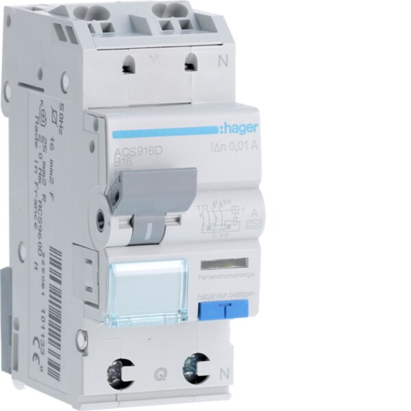 Hager ACS916D Fehlerstrom-Leitungsschutzschalter, FI/LS-Schalter, 1P+N 6kA B-16A 10mA Typ A