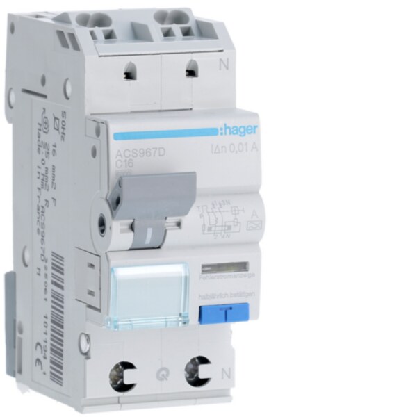 Hager ACS967D Fehlerstrom-Leitungsschutzschalter 1P+N 127V 6kA C-16A 10mA Typ A QuickConnect