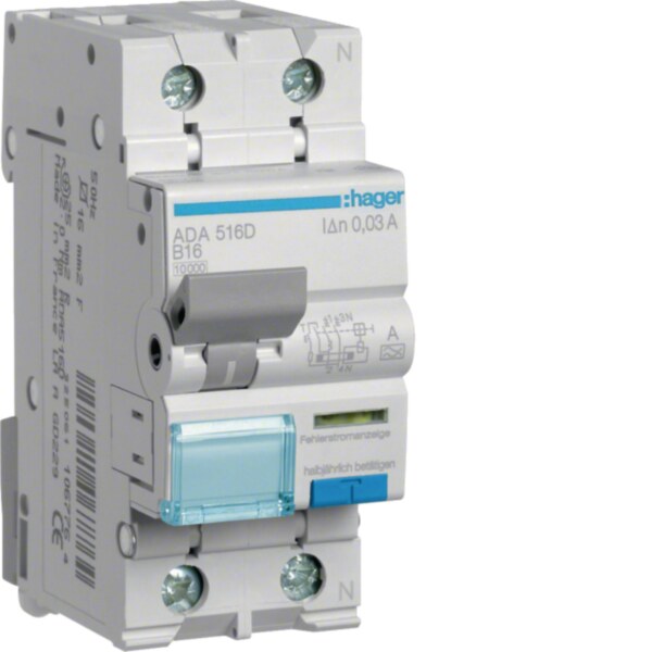 Hager ADA516D Fehlerstrom-Leitungsschutzschalter, FI/LS-Schalter, 1P+N 10kA B-16A 30mA Typ A