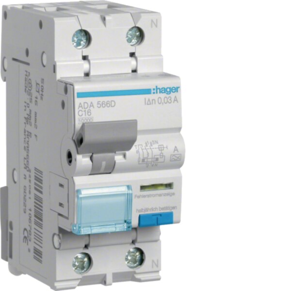Hager ADA566D Fehlerstrom-Leitungsschutzschalter, FI/LS-Schalter, 1P+N 10kA C-16A 30mA Typ A