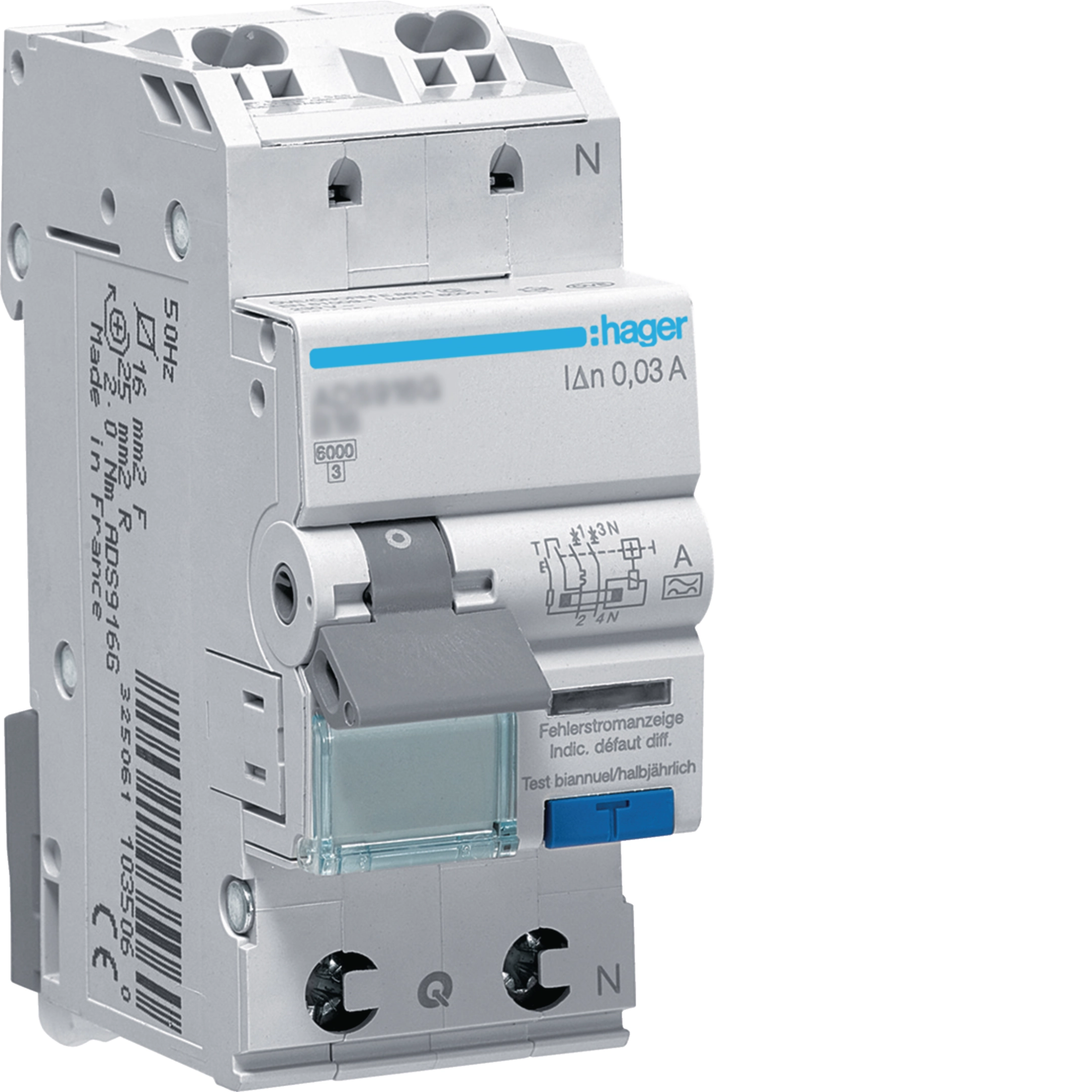Hager ADS917D Fehlerstrom-Leitungsschutzschalter 1P+N 127V 6kA B-16A 30mA Typ A QuickConnect