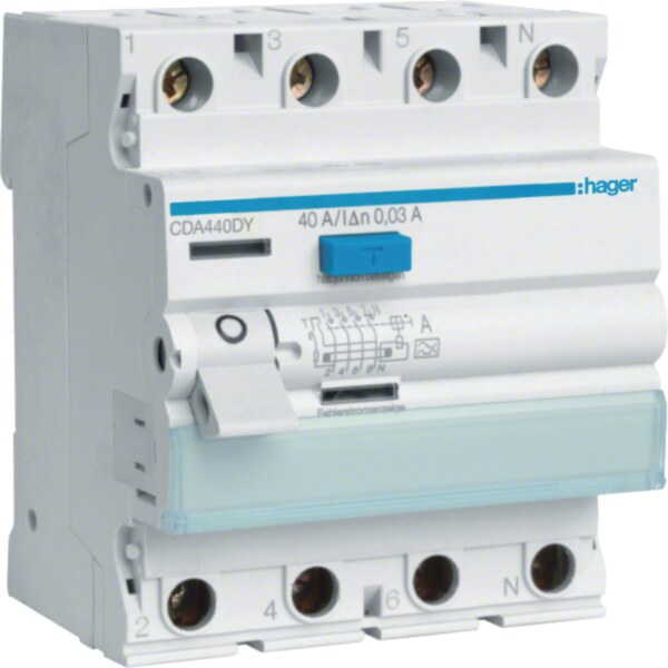 Hager CDA440DY Fehlerstromschutzschalter Typ A, 40 A, 30 mA, 4-polig, 6 kA, Testkreis L1-N