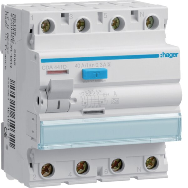 Hager CDA441D Fehlerstromschutzschalter 4 polig 6kA 40A 30mA Typ A 110V