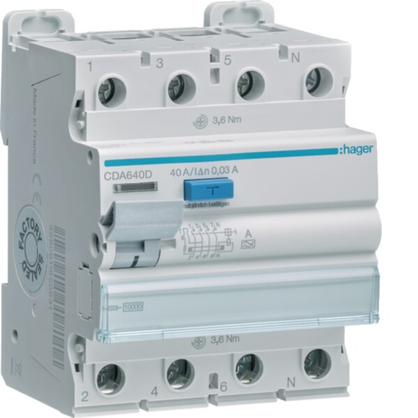 Hager CDA640D Fehlerstromschutzschalter / FI-Schalter, 4-polig, 10kA, 40A, 30mA, Typ A