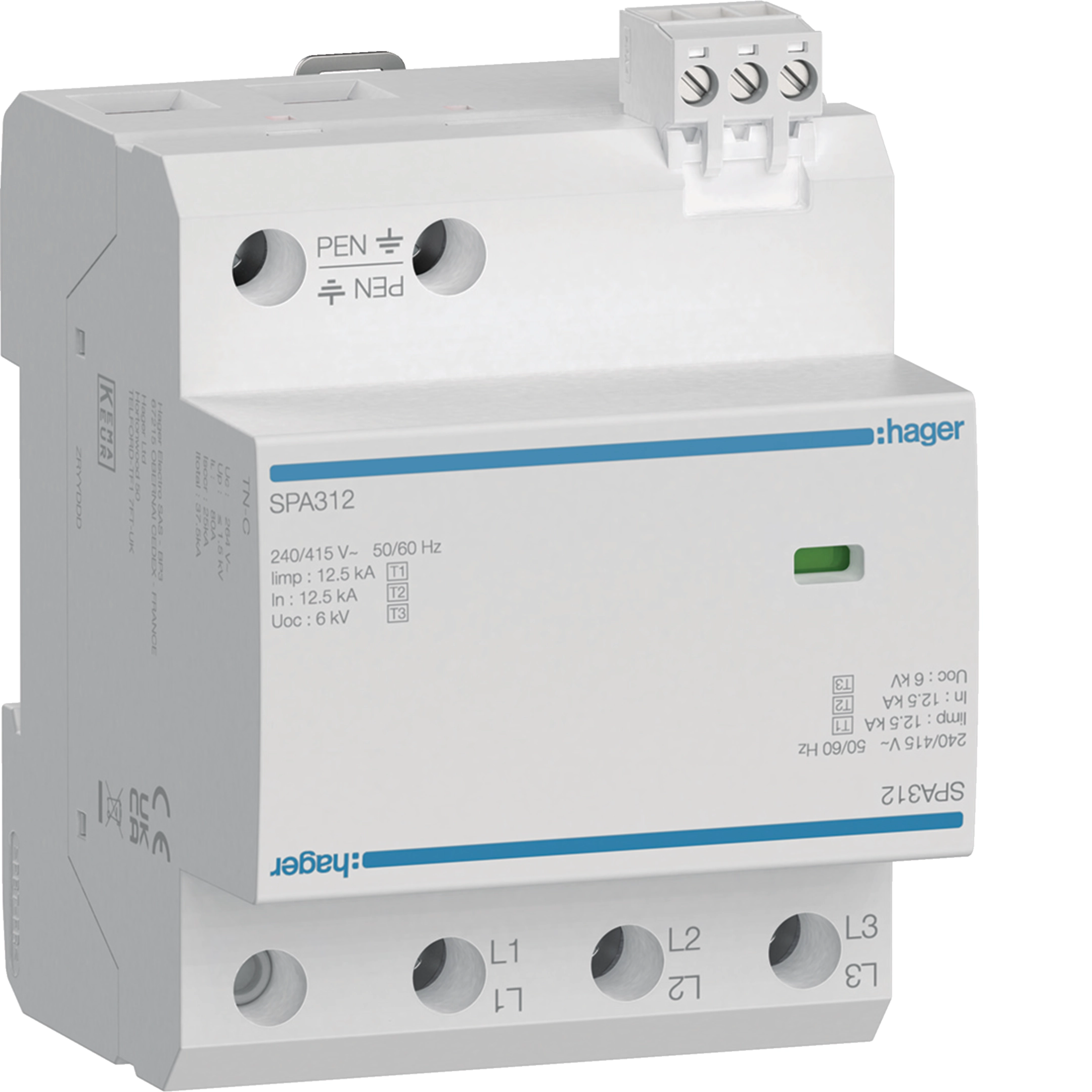 Hager SPA312 Kombiableiter Typ1+2+3 3P 12.5kA FM TN-C, Schutz vor Überspannung und Blitzstrom