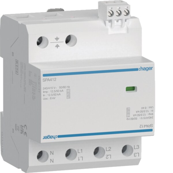 Hager SPA412 Kombiableiter Typ1+2+3 4P 12.5kA FM TNS/TT, Schutz Überspannung und Blitzstrom