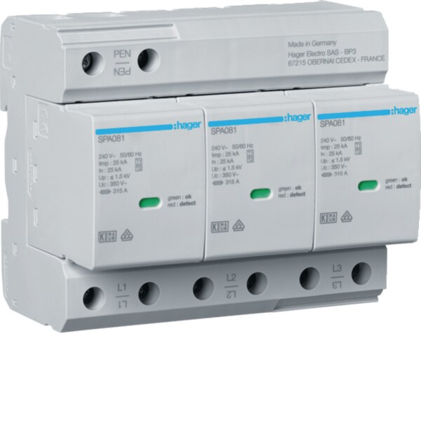 Hager SPA800 Kombiableiter T1+T2 3P Uc 350V Iimp 25kA Up 1.5kV TNC Fernmeldekontakt